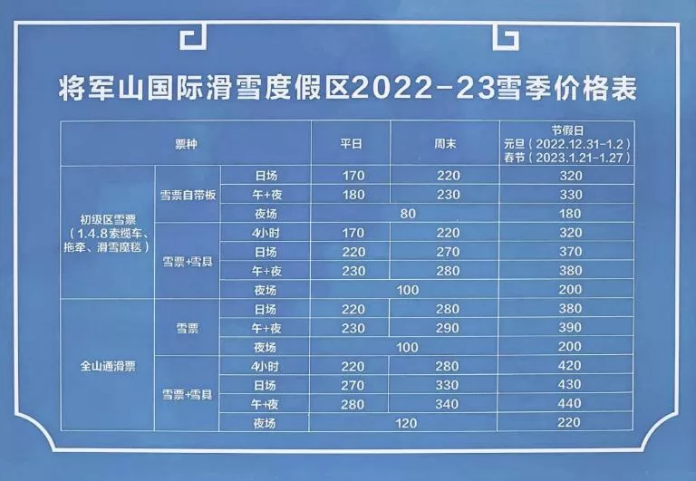 阿勒泰将军山滑雪场门票价格2023